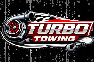 Turbo Towing logo featuring a turbocharger illustration with red and silver lettering on black background