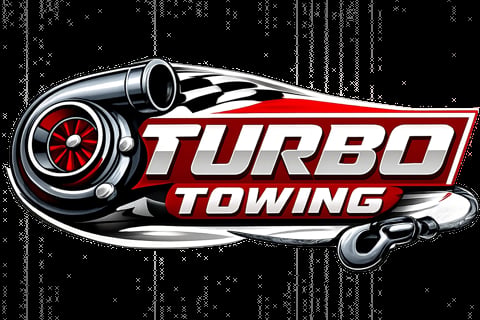 Turbo Towing logo featuring a turbocharger illustration with red and silver lettering on black background